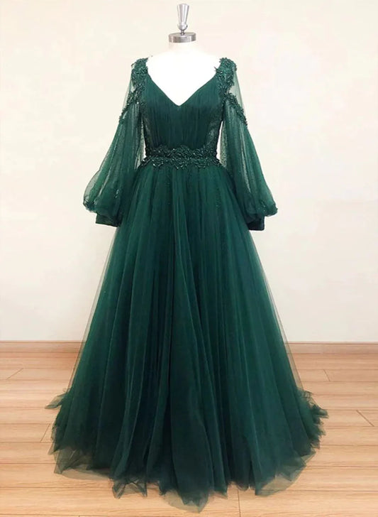 Vestido de fiesta de encaje verde oscuro con escote en V y mangas largas, vestido de noche formal de encaje verde oscuro con corte en A TP1239