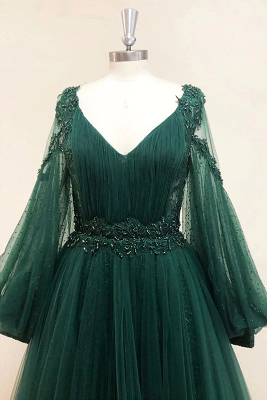 Vestido de fiesta de encaje verde oscuro con escote en V y mangas largas, vestido de noche formal de encaje verde oscuro con corte en A TP1239