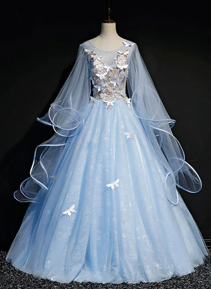 Vestido de fiesta de tul azul claro con mangas abullonadas, vestidos de quinceañera, vestidos formales azules TP1243