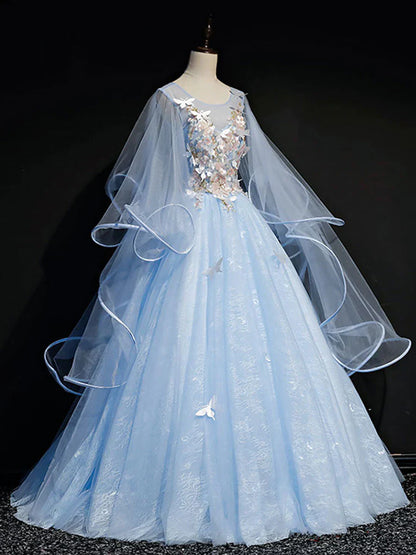 Vestido de fiesta de tul azul claro con mangas abullonadas, vestidos de quinceañera, vestidos formales azules TP1243