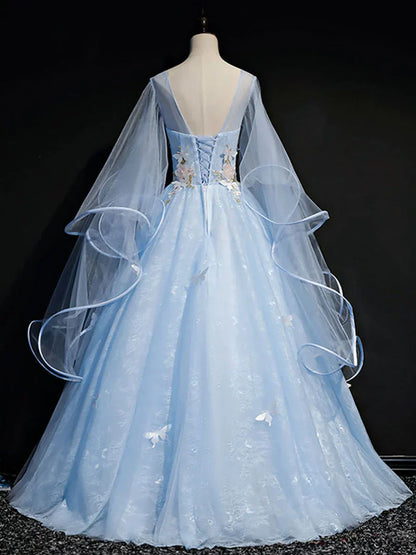 Vestido de fiesta de tul azul claro con mangas abullonadas, vestidos de quinceañera, vestidos formales azules TP1243