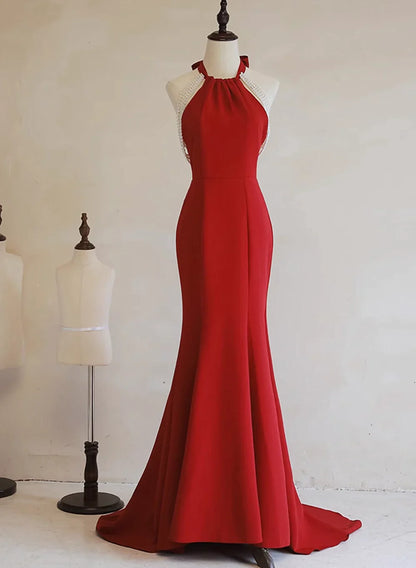 Vestido formal largo estilo sirena, sencillo y bonito, color rojo, para noche y fiesta, TP1246