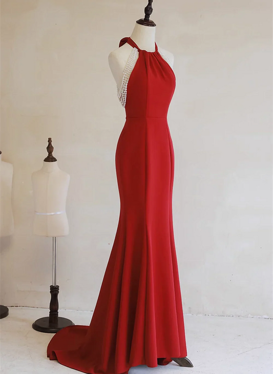 Vestido formal largo estilo sirena, sencillo y bonito, color rojo, para noche y fiesta, TP1246