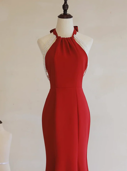 Vestido formal largo estilo sirena, sencillo y bonito, color rojo, para noche y fiesta, TP1246