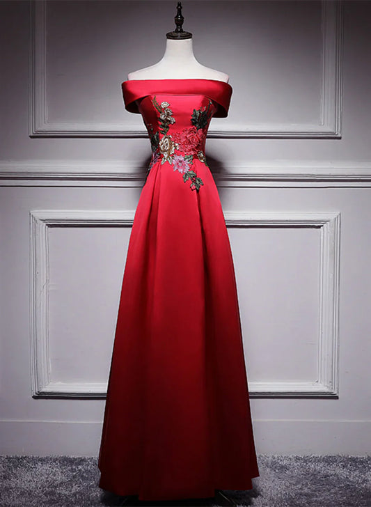 Vestido de fiesta largo de satén rojo sencillo con hombros descubiertos, corte en A, largo hasta el suelo, TP1247