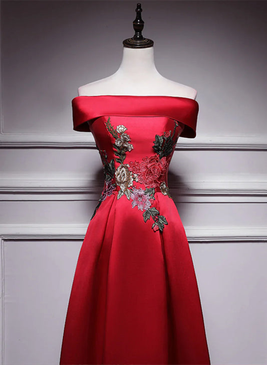 Vestido de fiesta largo de satén rojo sencillo con hombros descubiertos, corte en A, largo hasta el suelo, TP1247