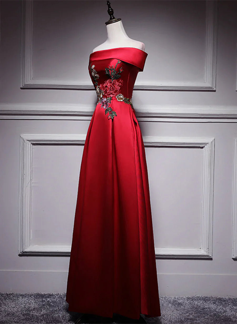 Red Simple Satin Off Shoulder Long Party Dress, A-line Floor Length Red Satin Prom Dress TP1247