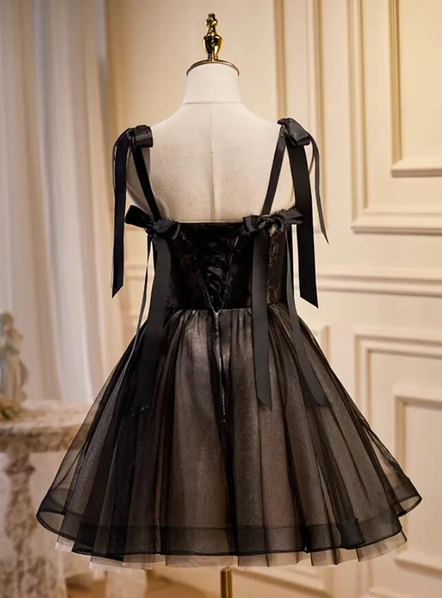 Vestido de fiesta corto de tul con encaje negro hasta la rodilla, vestido de fiesta corto negro TP1250