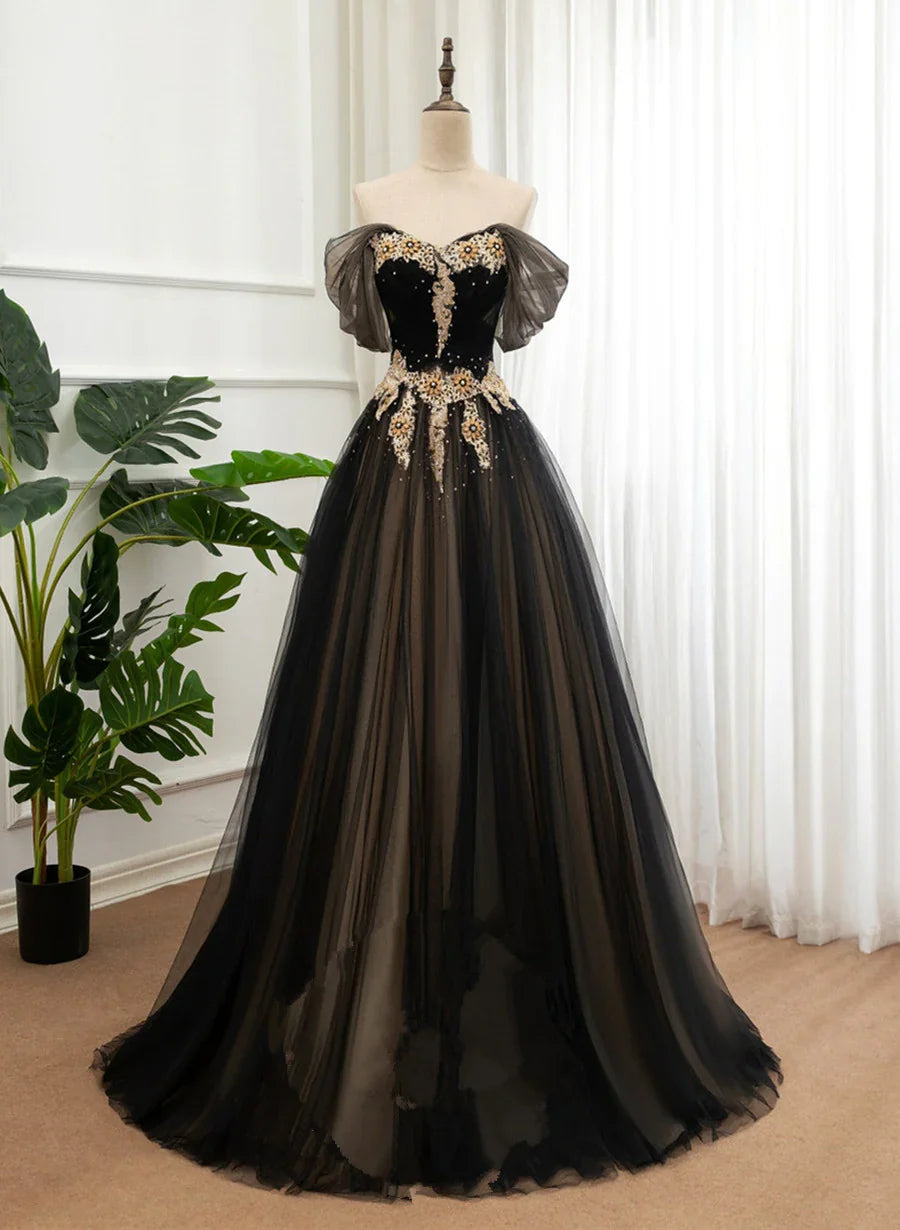 Vestido de fiesta largo de tul negro y champán, vestido formal con hombros descubiertos, vestido de fiesta TP1252