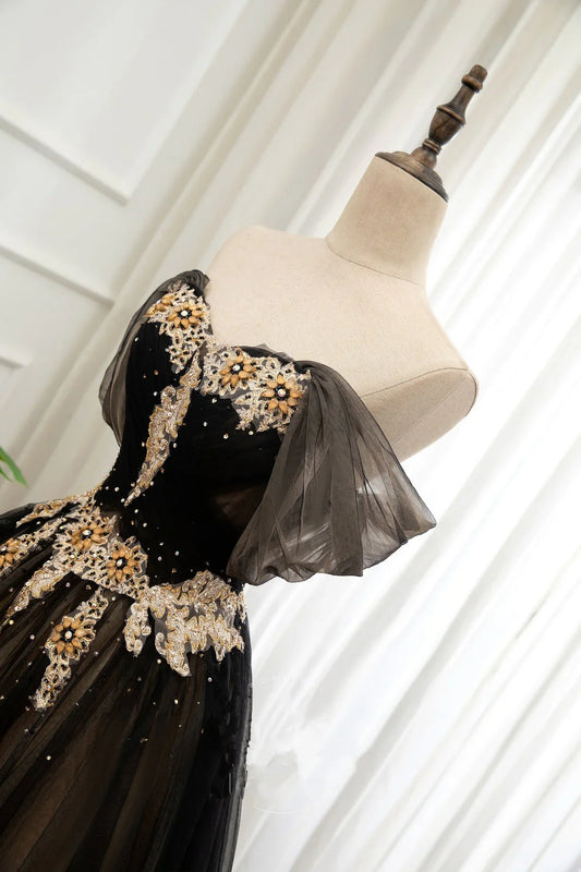 Vestido de fiesta largo de tul negro y champán, vestido formal con hombros descubiertos, vestido de fiesta TP1252