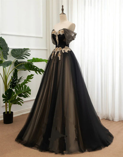 Vestido de fiesta largo de tul negro y champán, vestido formal con hombros descubiertos, vestido de fiesta TP1252
