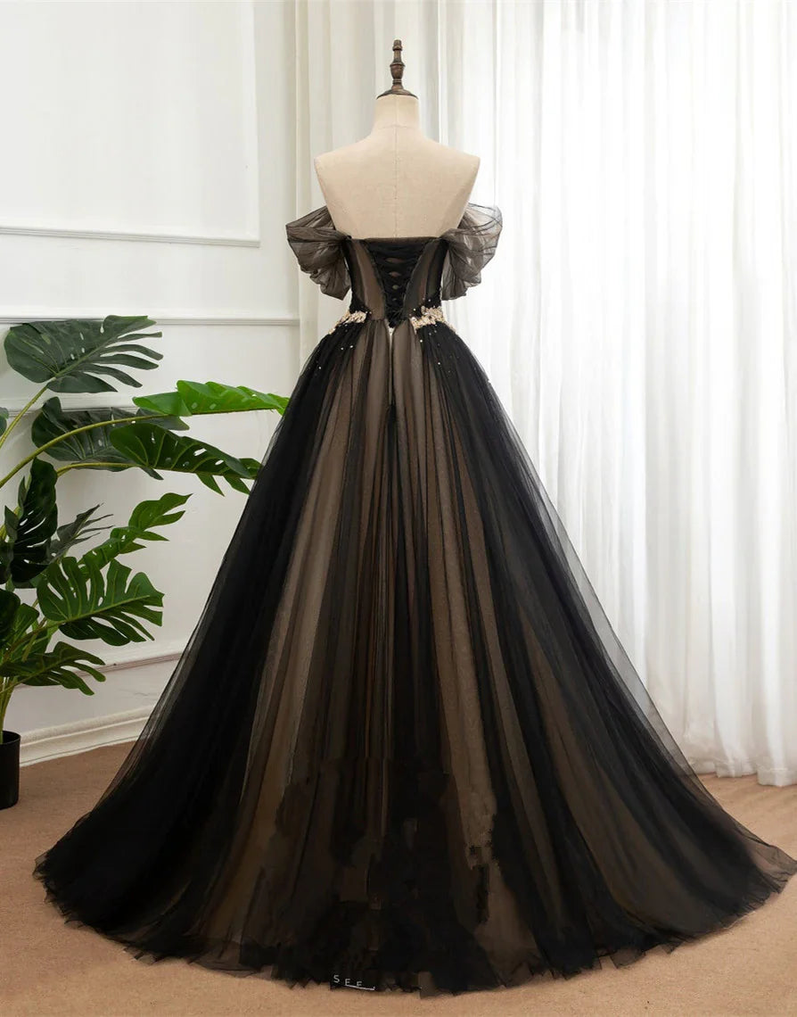 Vestido de fiesta largo de tul negro y champán, vestido formal con hombros descubiertos, vestido de fiesta TP1252