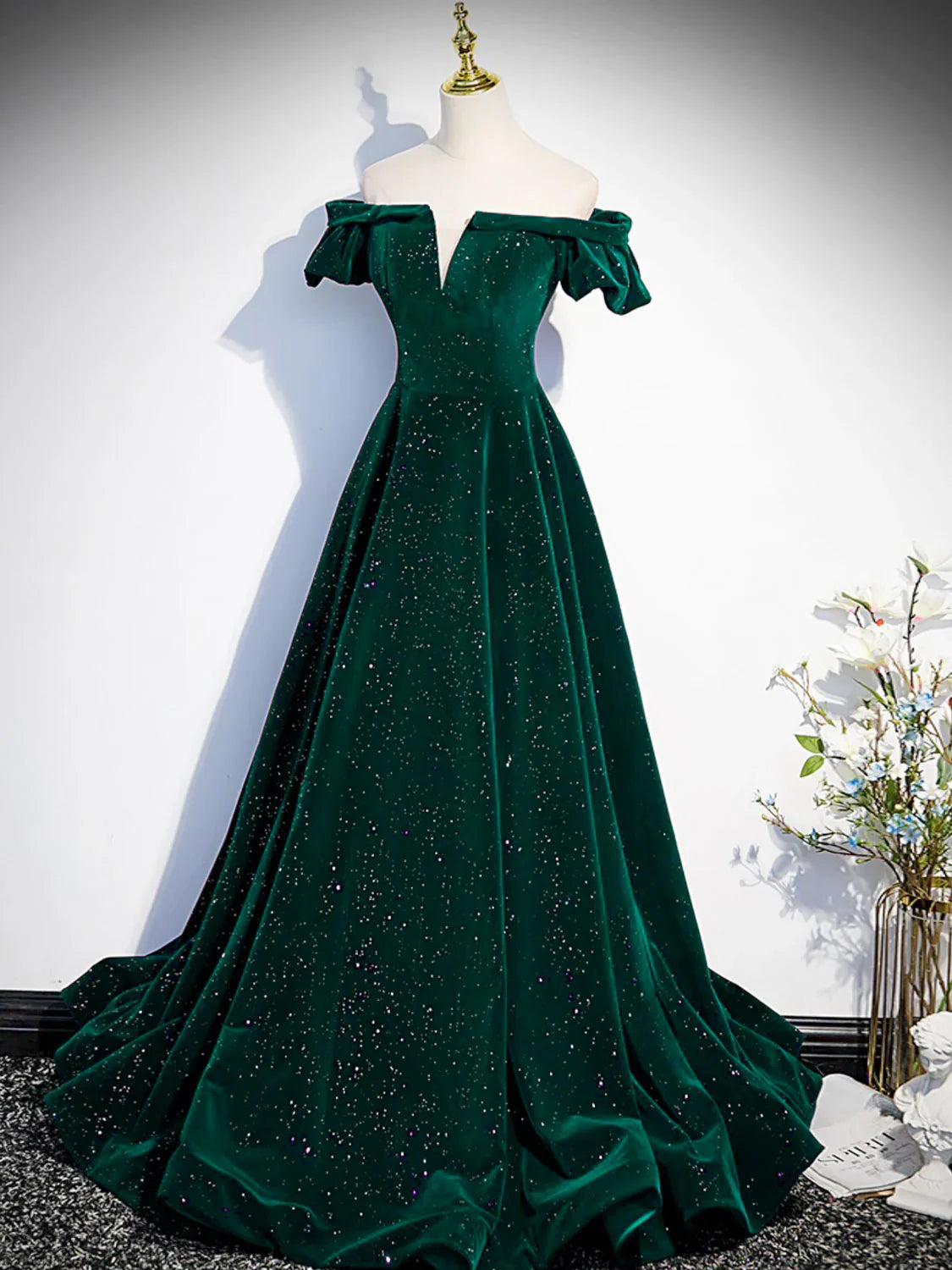 Vestido de fiesta verde con hombros descubiertos, corte A, largo hasta el suelo, vestido formal verde largo, vestido de fiesta TP1253