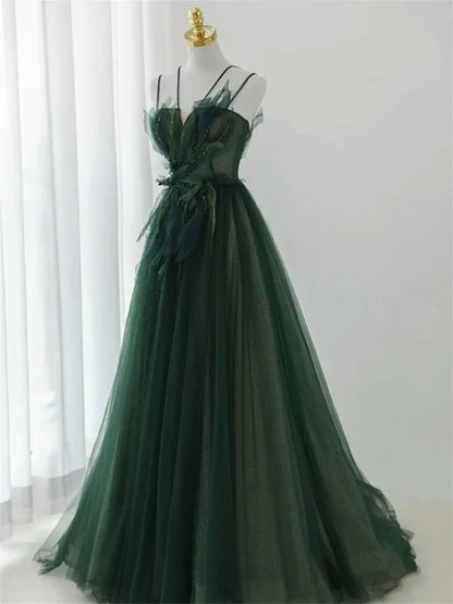 Green Straps Tulle Long A-line Party Dress, Green Floor Length Prom Dress TP1254