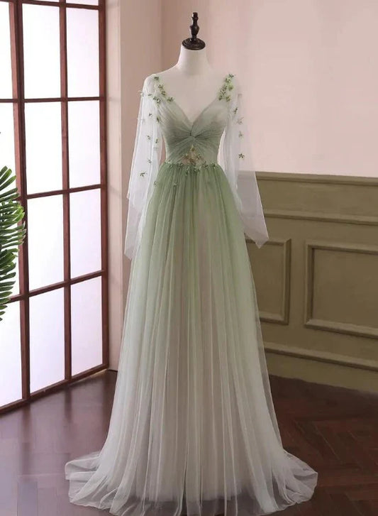 Vestido de fiesta largo con mangas abullonadas y degradado verde, corte A y cuentas, TP1257