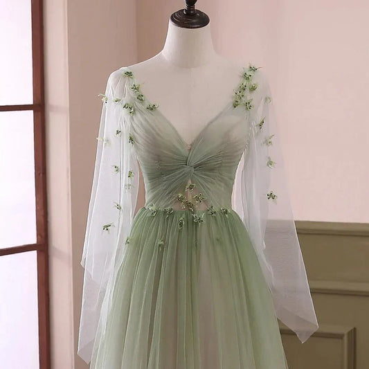 Vestido de fiesta largo con mangas abullonadas y degradado verde, corte A y cuentas, TP1257