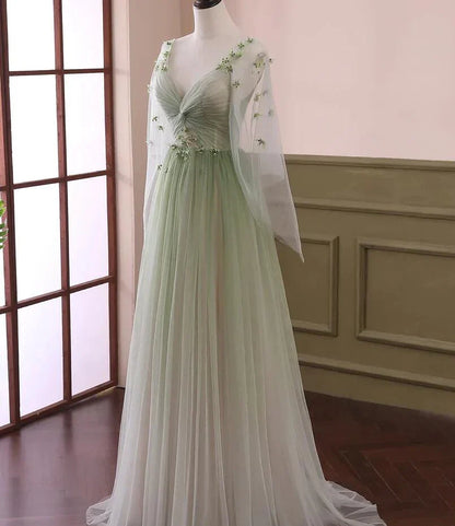 Vestido de fiesta largo con mangas abullonadas y degradado verde, corte A y cuentas, TP1257