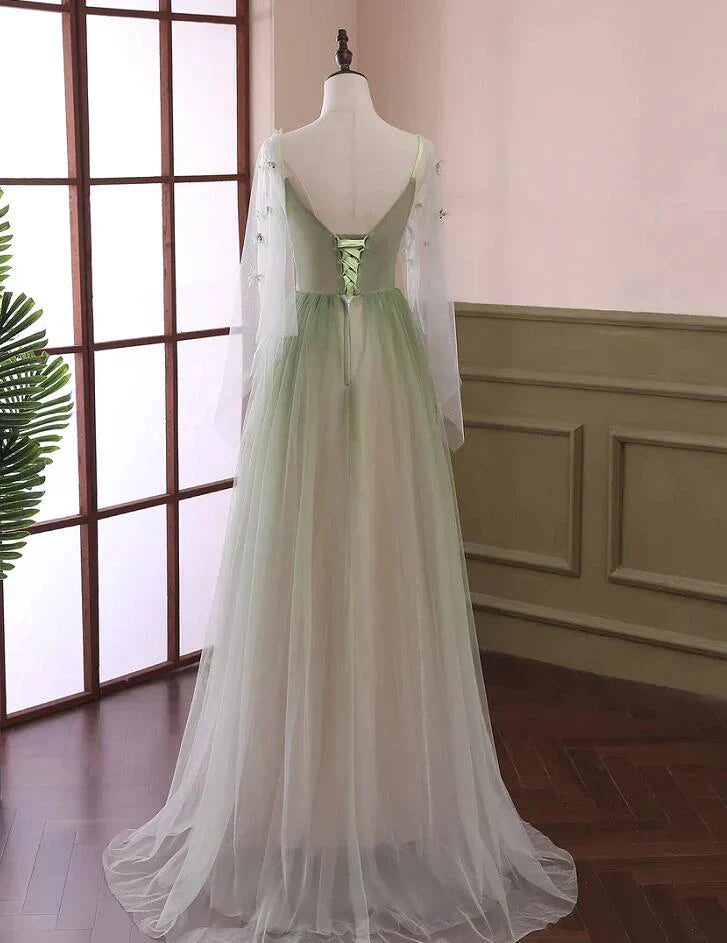 Vestido de fiesta largo con mangas abullonadas y degradado verde, corte A y cuentas, TP1257