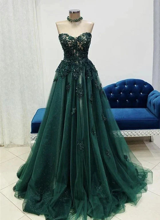 Vestido largo formal de tul con apliques de encaje y escote corazón, color verde, largo hasta el suelo, TP1259