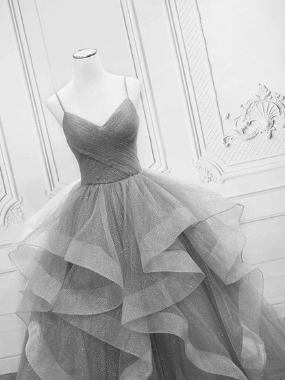 Vestido de fiesta de tul gris claro con escote en V largo, vestido formal, vestido de fiesta de boda gris TP1264