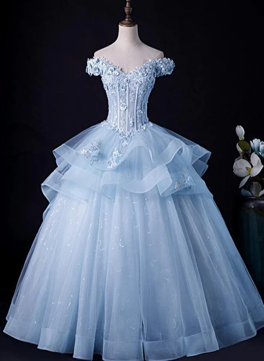 Vestido de fiesta azul claro con hombros descubiertos y encaje para quinceañeras, vestido formal azul TP1265
