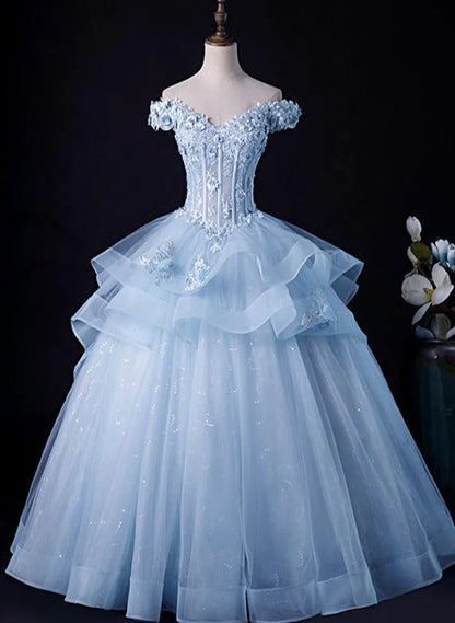 Vestido de fiesta azul claro con hombros descubiertos y encaje para quinceañeras, vestido formal azul TP1265