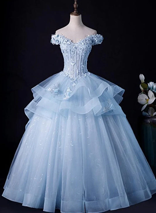 Vestido de fiesta azul claro con hombros descubiertos y encaje para quinceañeras, vestido formal azul TP1265
