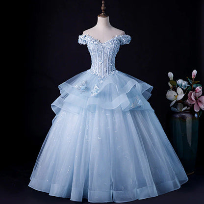 Vestido de fiesta azul claro con hombros descubiertos y encaje para quinceañeras, vestido formal azul TP1265