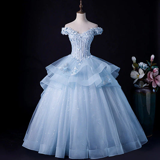 Vestido de fiesta azul claro con hombros descubiertos y encaje para quinceañeras, vestido formal azul TP1265