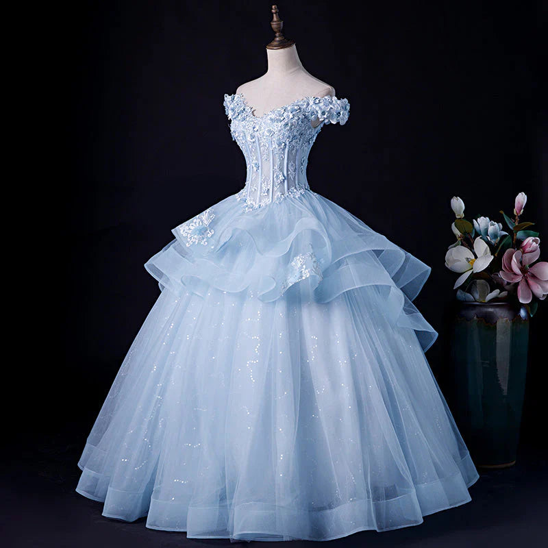 Vestido de fiesta azul claro con hombros descubiertos y encaje para quinceañeras, vestido formal azul TP1265