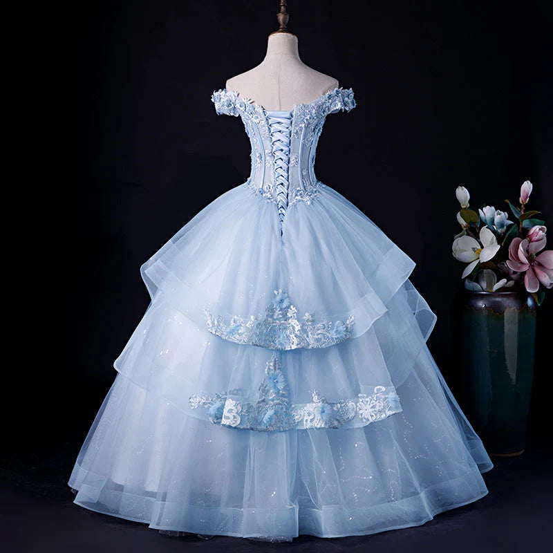 Vestido de fiesta azul claro con hombros descubiertos y encaje para quinceañeras, vestido formal azul TP1265