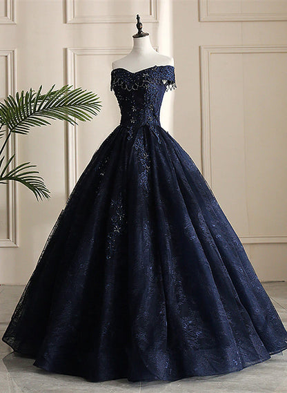 Vestido de fiesta de encaje azul marino glamuroso para quinceañeras, vestido largo azul para fiesta de boda TP1266