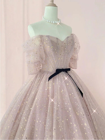 Vestido de fiesta largo de tul rosa con mangas cortas y encaje de tul TP1268