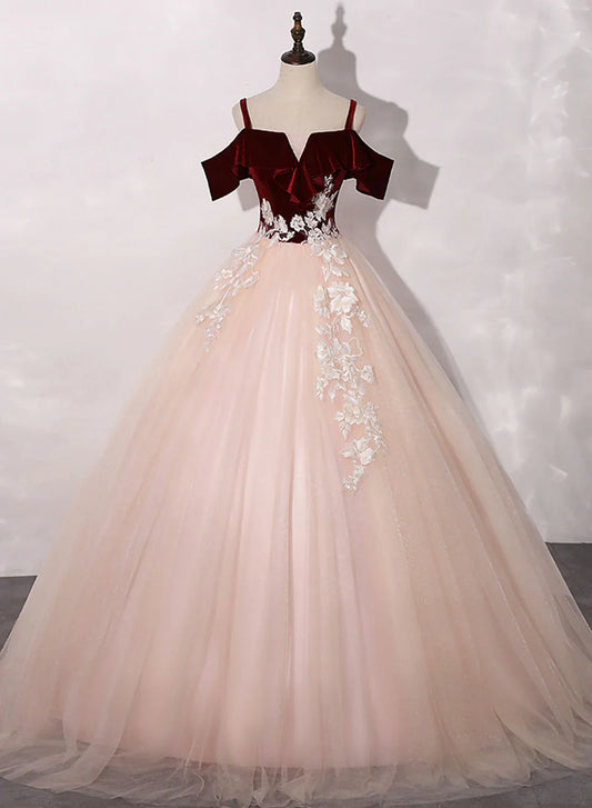 Vestido de fiesta de terciopelo y tul rosa y rojo vino, vestido formal de gala con apliques de encaje TP1269