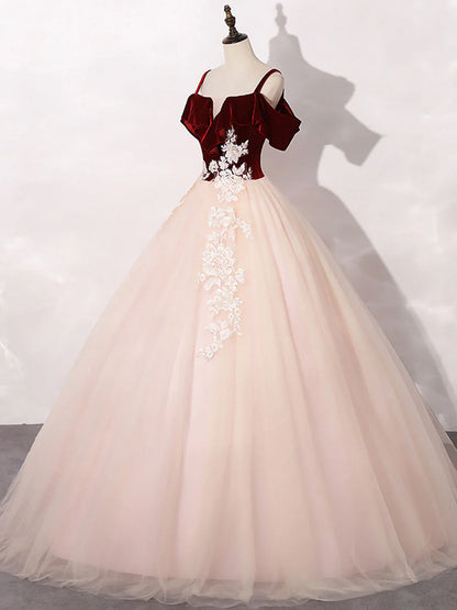 Vestido de fiesta de terciopelo y tul rosa y rojo vino, vestido formal de gala con apliques de encaje TP1269