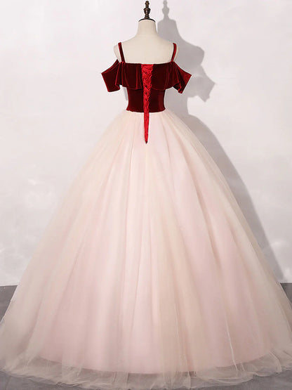 Vestido de fiesta de terciopelo y tul rosa y rojo vino, vestido formal de gala con apliques de encaje TP1269