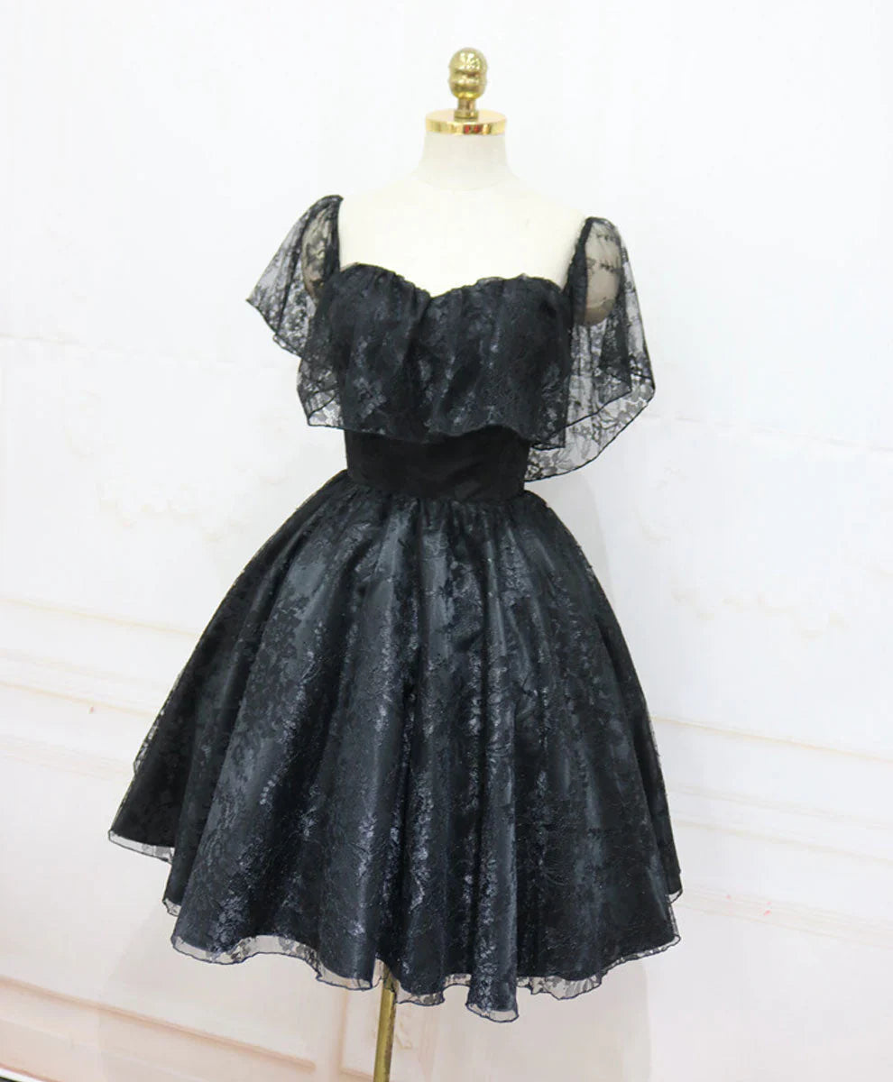 Black Lace Off Shoulder Homecoming Dress, Black Short Prom Dress TP1272