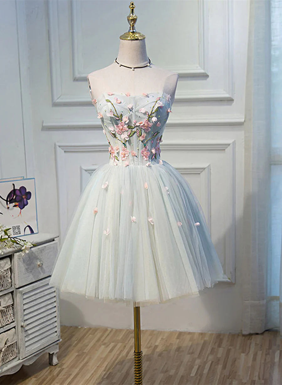 Hermoso vestido de fiesta de tul hasta la rodilla con flores, vestido de fiesta azul TP1274