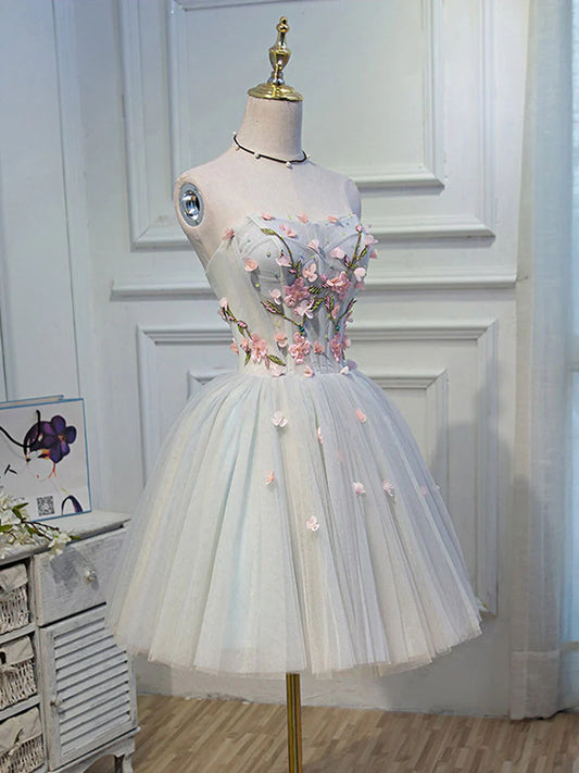 Hermoso vestido de fiesta de tul hasta la rodilla con flores, vestido de fiesta azul TP1274