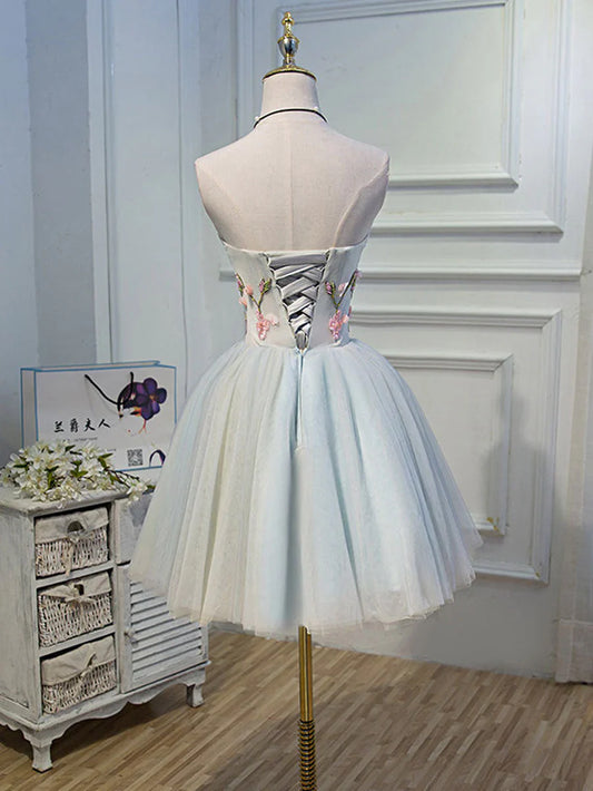 Hermoso vestido de fiesta de tul hasta la rodilla con flores, vestido de fiesta azul TP1274