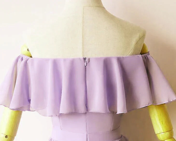 Precioso vestido formal corto de gasa morado claro hasta la rodilla, vestido de fiesta morado claro TP1275