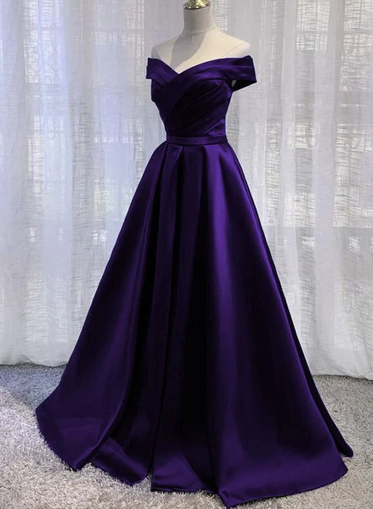 Vestido de novia de satén morado, corte A, vestido de noche largo morado para fiesta de graduación TP1276