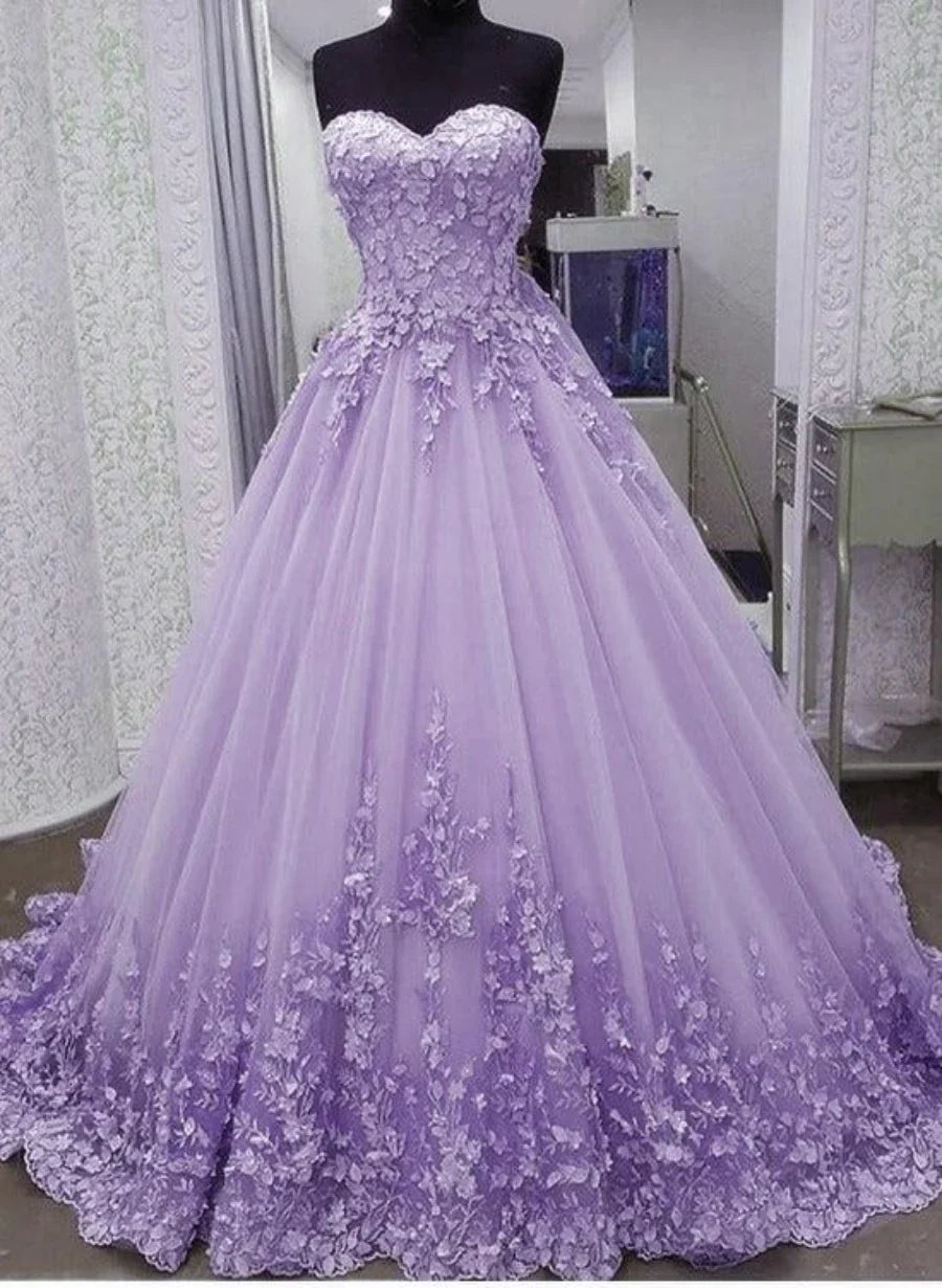 Precioso vestido de fiesta de tul lavanda con encaje floral para quinceañeras, vestido de fiesta de boda lavanda TP1277