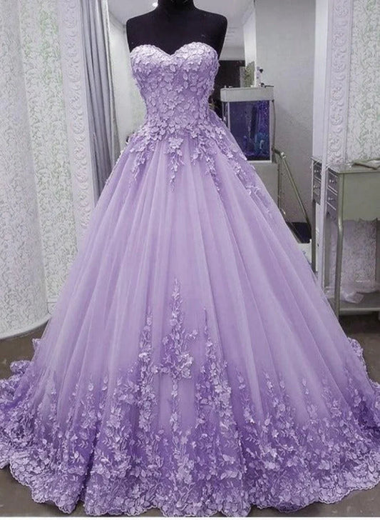 Precioso vestido de fiesta de tul lavanda con encaje floral para quinceañeras, vestido de fiesta de boda lavanda TP1277