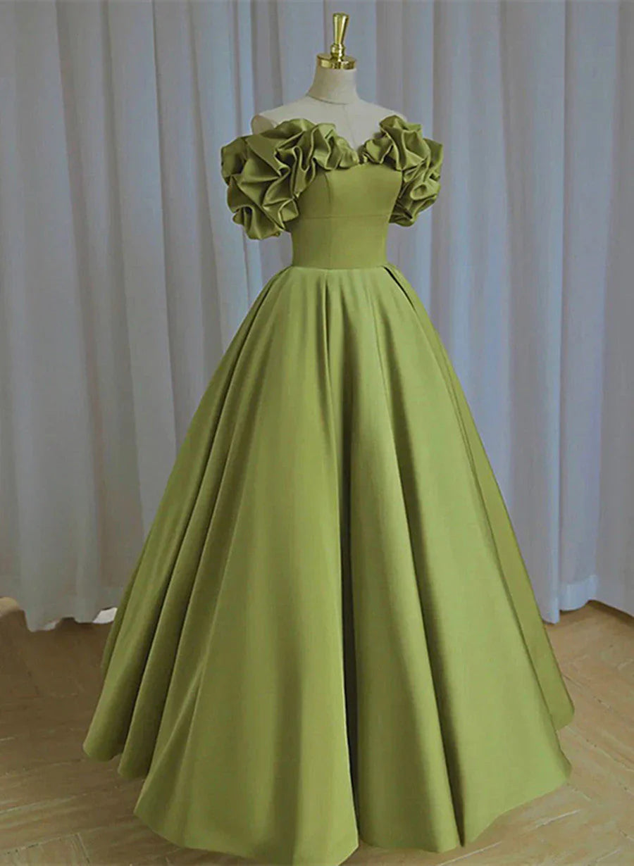 Vestido de fiesta largo de satén verde claro con hombros descubiertos y cordones, vestido de fiesta verde TP1280