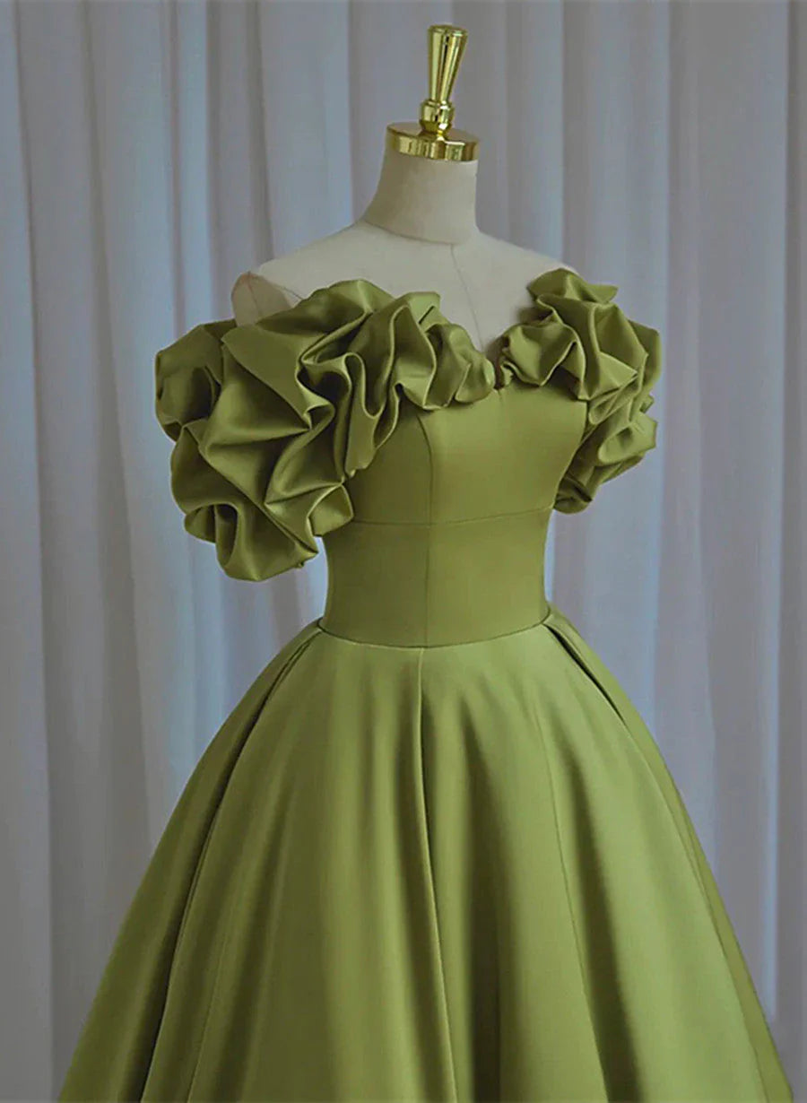 Vestido de fiesta largo de satén verde claro con hombros descubiertos y cordones, vestido de fiesta verde TP1280