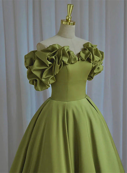 Vestido de fiesta largo de satén verde claro con hombros descubiertos y cordones, vestido de fiesta verde TP1280