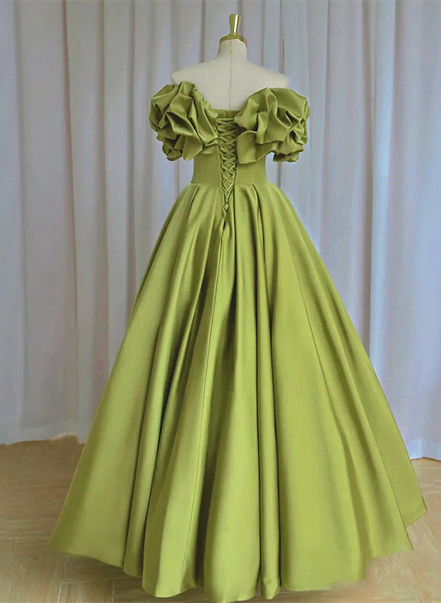 Vestido de fiesta largo de satén verde claro con hombros descubiertos y cordones, vestido de fiesta verde TP1280