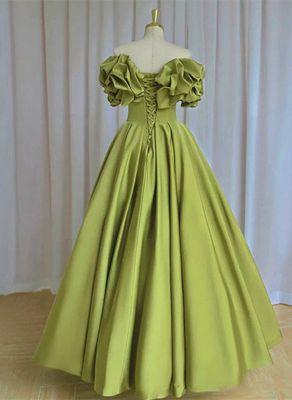 Vestido de fiesta largo de satén verde claro con hombros descubiertos y cordones, vestido de fiesta verde TP1280