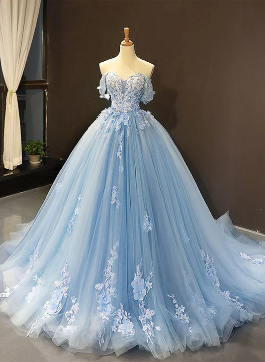 Vestido de fiesta azul con escote corazón y flores para quinceañeras, vestido azul con hombros descubiertos para fiesta de boda TP1284